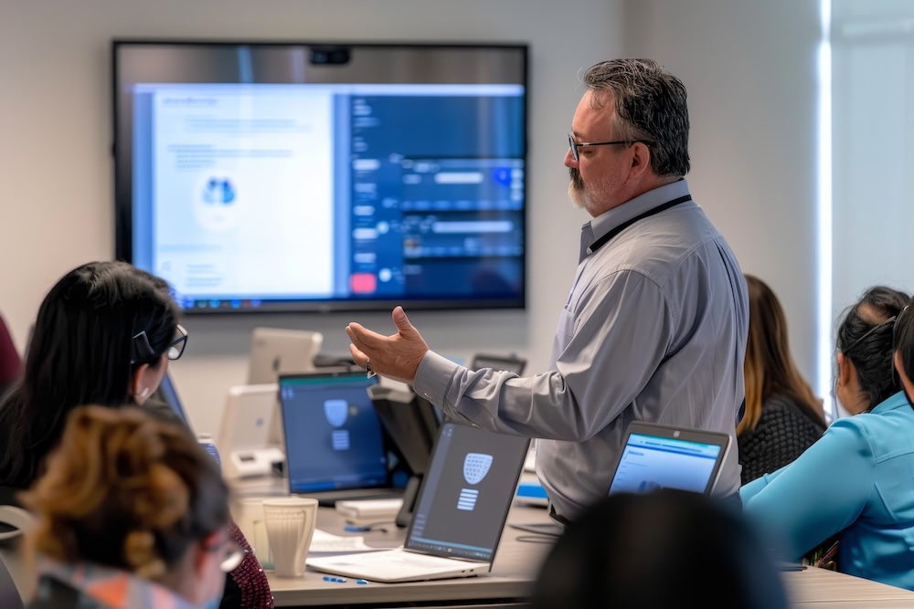 educator leading a group of people in cybersecurity training.